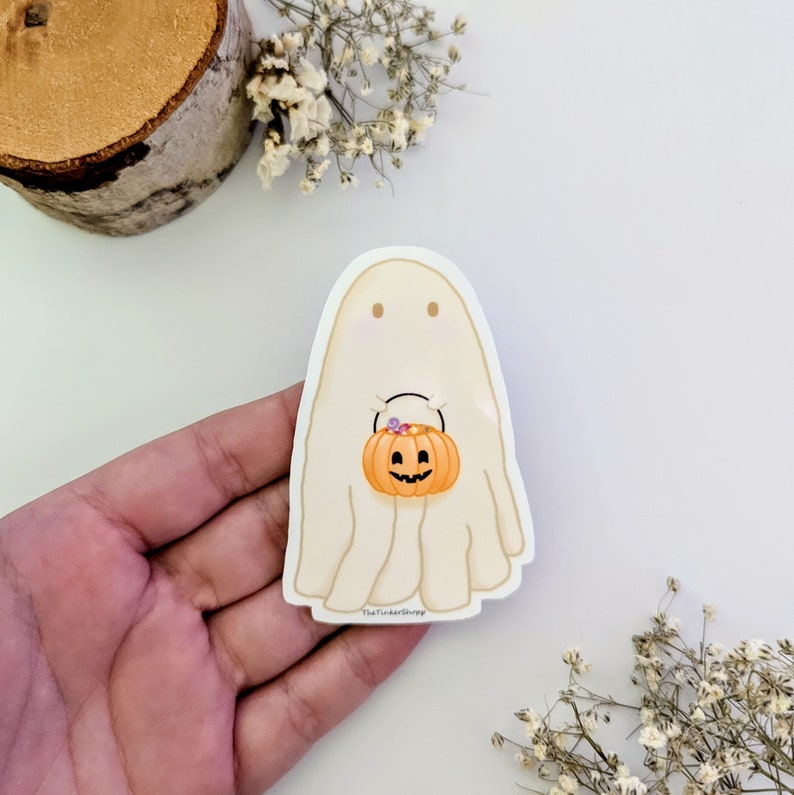 Cute pumpkin Trick-or-Treating Ghost Halloween water proof die cut vinyl sticker image 3