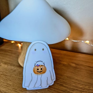 Cute pumpkin Trick-or-Treating Ghost Halloween water proof die cut vinyl sticker image 2