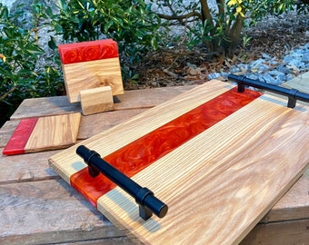 Ash and Red Resin Serving Tray with Matching Coaster Set I Set of 5 Coasters I