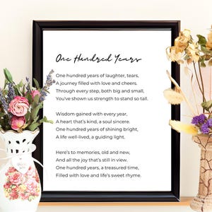 Regalo de cumpleaños número 100 / Regalo de cumpleaños número 100 imprimible para mujeres y hombres, decoración de fiesta de cumpleaños, poema, arte de pared, mensajes de cumpleaños número 100