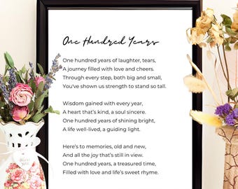 100th Birthday Gift | Printable 100th birthday gift for women and men, birthday party decoration poem wall art 100th birthday messages