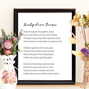65th Birthday Gifts | 65th birthday gift for women and men, printable 65th birthday decoration poem wall art, 65th birthday gift for mom