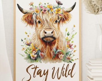 Highland Cow Nursery Print: Floral Crown, Farm Animal Art (Digital Download)