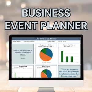 May include: A computer monitor displaying a "Business Event Planner" interface. The screen shows charts, graphs, and text boxes with data and quotes. The monitor is on a wooden surface.