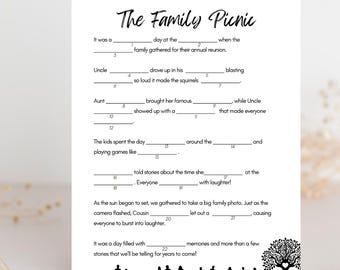 Printable Family Reunion Mad Libs | Family Reunion Games Printable, Camping Activity, Thanksgiving Games, Family Games, Family Get Together
