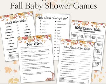 Fall baby shower games |  fall baby shower bundle, baby shower mad libs, baby shower find the guest bingo, baby shower scavenger hunt