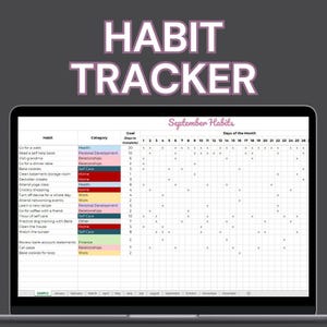 May include: A digital habit tracker displayed on a laptop screen. The words "HABIT TRACKER" are at the top. The tracker is for September, with a list of habits, categories, and a calendar to mark daily progress. The background is a dark gray.