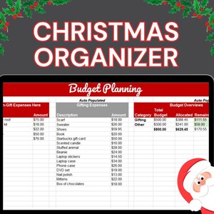 Può includere: Un organizzatore natalizio digitale con uno striscione rosso e bianco che recita "Christmas Organizer". Lo schermo mostra un foglio di calcolo per la pianificazione del budget con le spese per i regali, gli importi e le panoramiche del budget. Una grafica di Babbo Natale si trova nell'angolo in basso a destra.