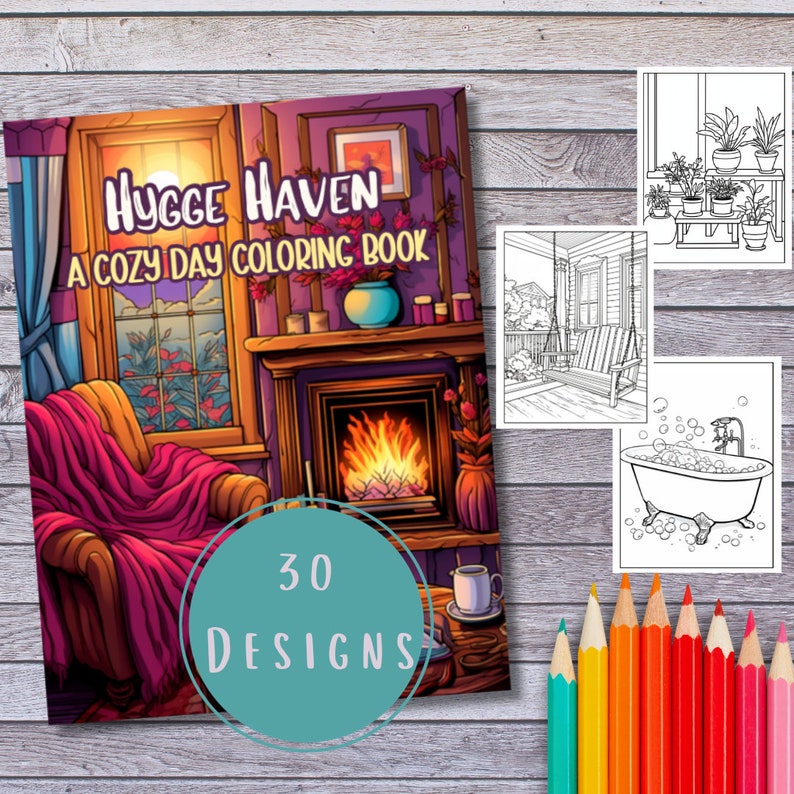 K&ouml;nnte beinhalten: Ein gem&uuml;tliches Malbuch mit dem Titel "Hygge Haven: A Cozy Day Coloring Book" mit einer Illustration eines Kamins, eines Sessels und eines Fensters. Das Buch enth&auml;lt 30 Designs.