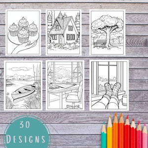 K&ouml;nnte beinhalten: Ein Set mit sechs Schwarzwei&szlig;-Malvorlagen mit verschiedenen Szenen, darunter ein Haus, ein See, ein Baum, ein Fenster und Cupcakes. Die Malvorlagen sind auf wei&szlig;em Papier gedruckt und bereit zum Ausmalen.