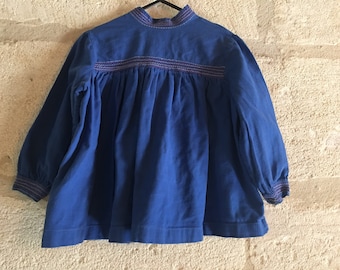 Vintage girl blouse 70 navy blue cotton canvas