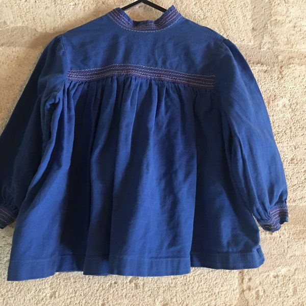 Blouse fillette vintage 70 toile coton bleue marine