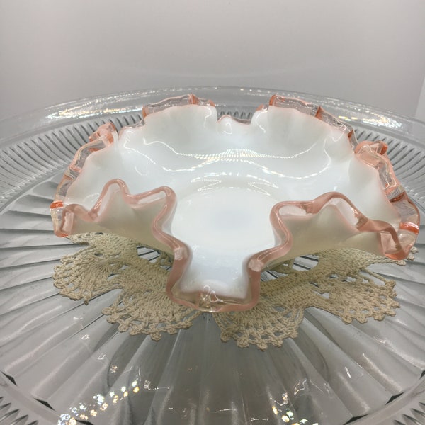 Fenton style milk glass Pink Crest ruffled small bowl.  Very pretty.  No damage  Unmarked
