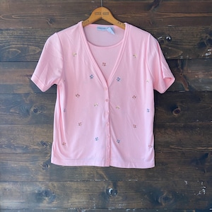 Vintage blommig t-shirt från 90-talet / rosa dubbelt set-t-shirt / skal med fuskpäls / grannycore <<<kalamazoo twin t-shirt>>>