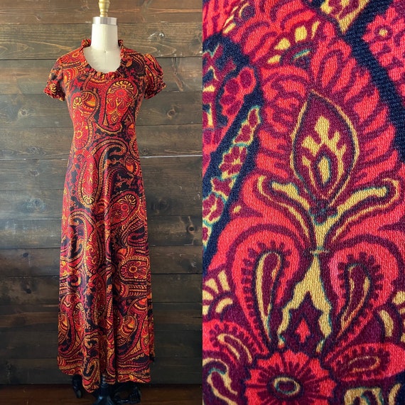 Vintage 70’s paisley maxi dress / red orange and … - image 1