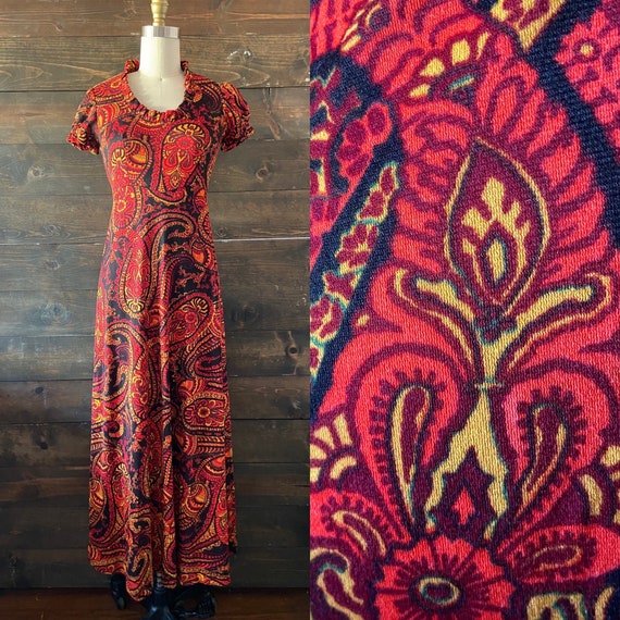 Vintage 70’s paisley maxi dress / red orange and b