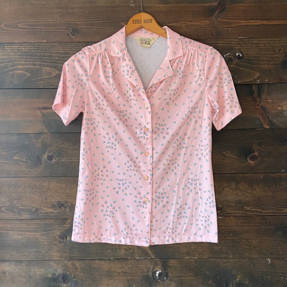 vintage 70’s floral poly top / pink button down s… - image 9