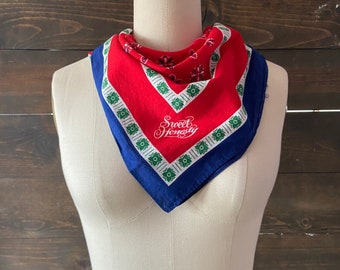 Vintage 70s Avon bandanna / red white and blue scarf / square kerchief <<<sweet honesty scarf>>>