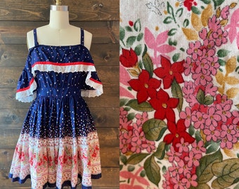 Vintage 70’s square dance dress / off the shoulder ruffle / mini length <<<villa rica dress>>>