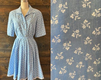 Vintage 80s floral chambray skirt set / pearl snap top / circle skirt / western