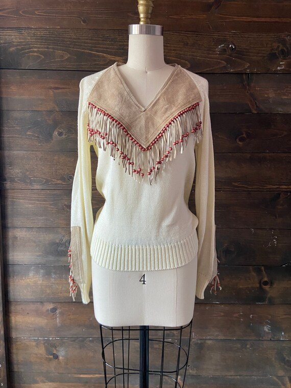 Vintage 80’s fringe western sweater / beaded sued… - image 2