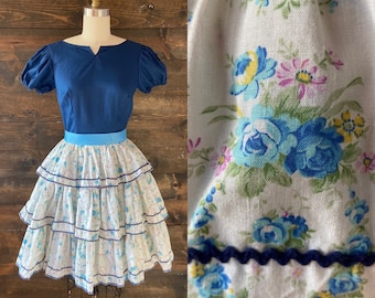 Vintage 70’s ruffle floral dress / prairie square dance dress / blue calico / puff sleeve <<<big rapids dress>>>
