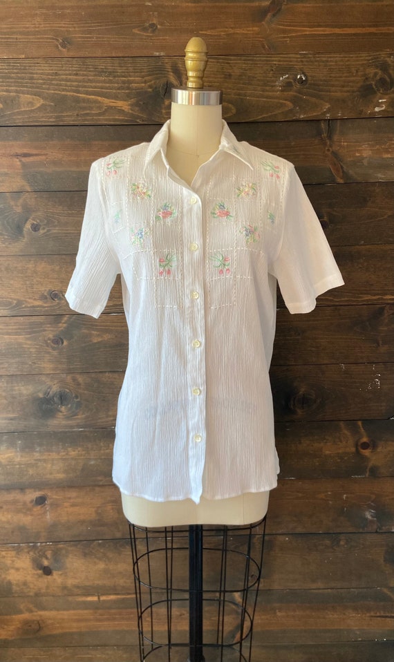 Vintage 90’s floral embroidered blouse / white cr… - image 2