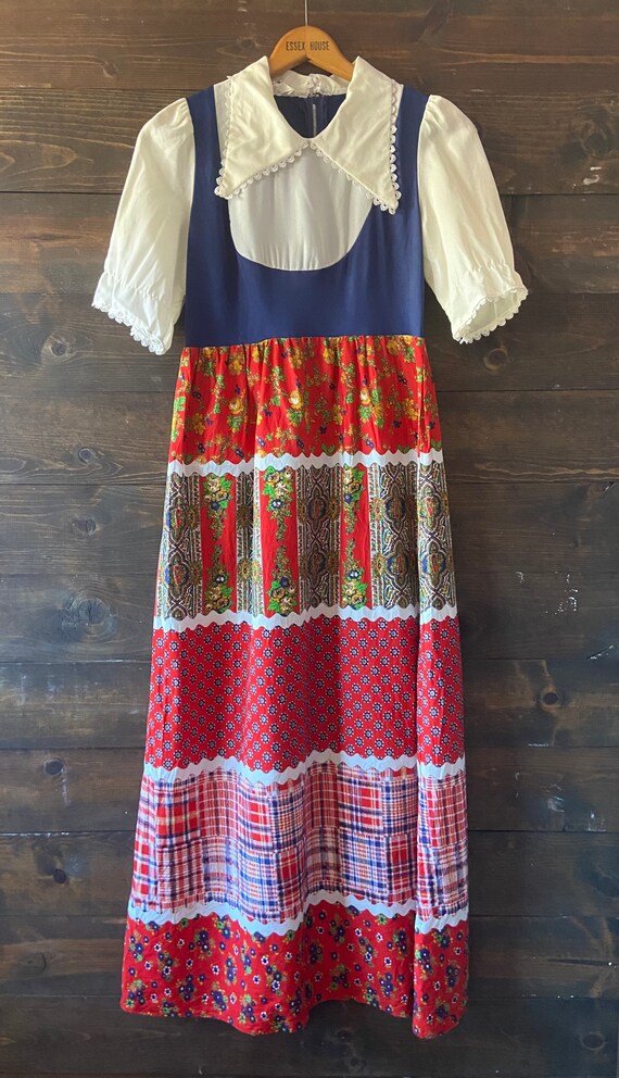 Vintage 70’s dirndl maxi dress / faux patchwork /… - image 8