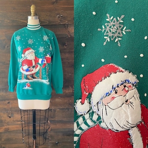 Jersey de cuello alto con purpurina de Papá Noel de los años 80 / jersey navideño verde / suéter navideño feo