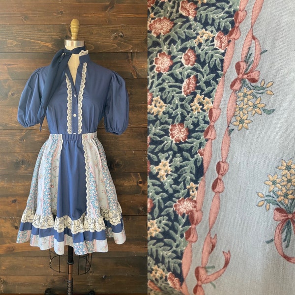 Vintage 80’s square dance outfit / cottagecore two piece set / navy and pink calico top and skirt / western style <<<Skokie set>>>