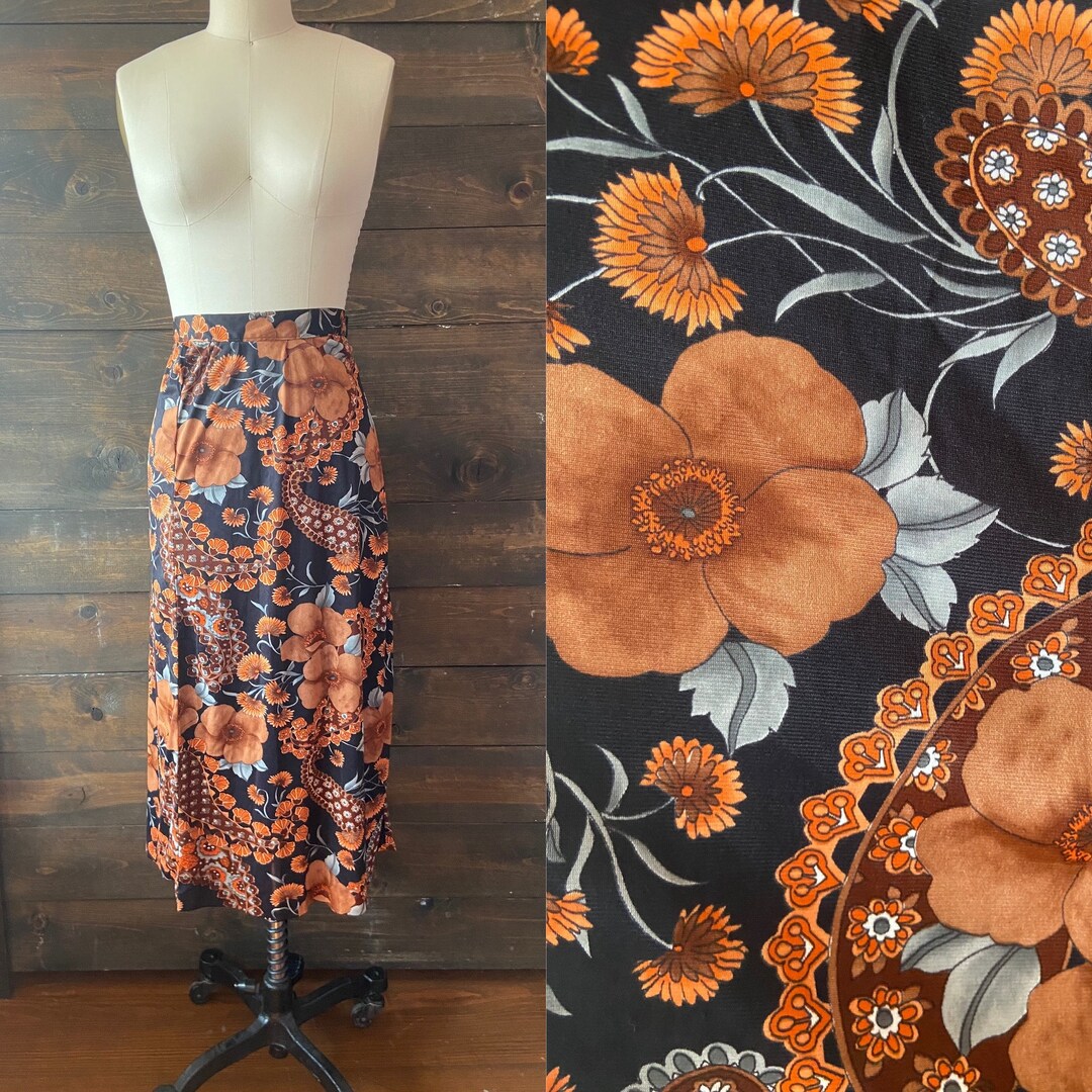 VTG ORANGE BROWN PAISLEY HIGH-WAIST PLEATED COTTAGE-CORE MIDI SKIRT SMALL UK 10