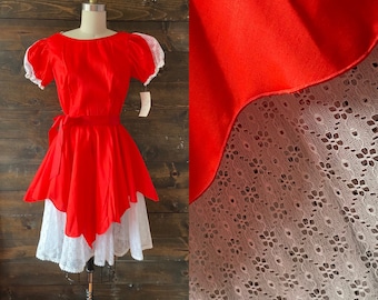 Vintage 80’s red dress / square dance dress / puff princess sleeve / tulip skirt / white eyelet <<<North Charleston dress>>>