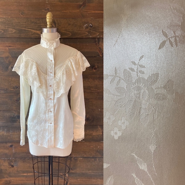 Vintage 70’s romantic western top / illusion neckline ruffle blouse / victorian romantic / western wedding <<<beulah valley blouse>>>