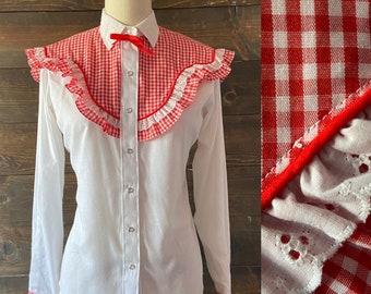Vintage 70’s gingham western shirt / ruffle yoke prairie top / red and white check <<<hoxie western top>>>