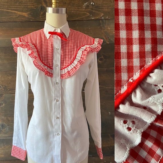 Vintage 70’s gingham western shirt / ruffle yoke … - image 1