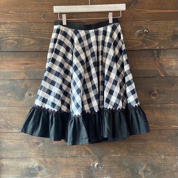 Vintage 60 s gingham circle skirt square dance skirt black white check ruffle hem