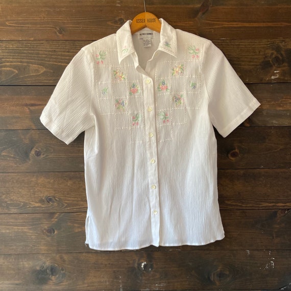 Vintage 90’s floral embroidered blouse / white cr… - image 8