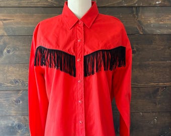 Vintage 90s red western fringe shirt / pearl snap cowgirl top