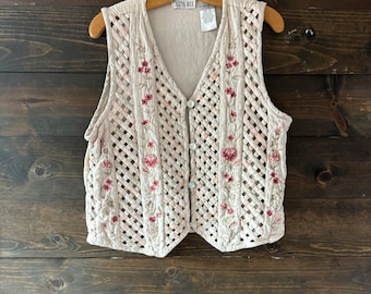 Vintage 90s lattice floral vest / natural fiber : layering piece