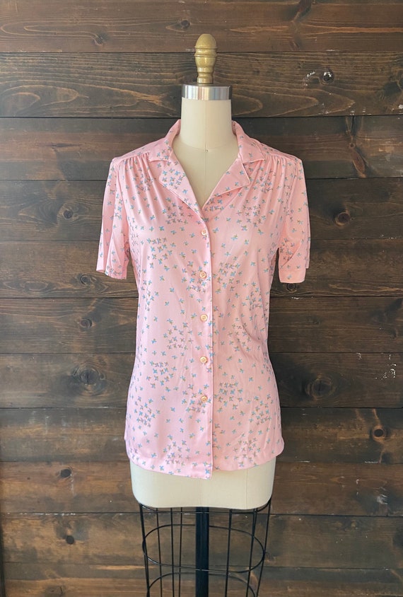 vintage 70’s floral poly top / pink button down s… - image 2