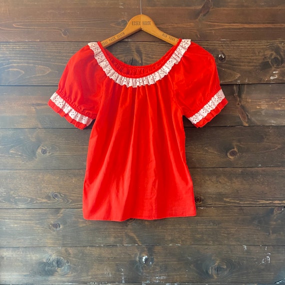 Vintage 70’s puff sleeve top / red square dance s… - image 6