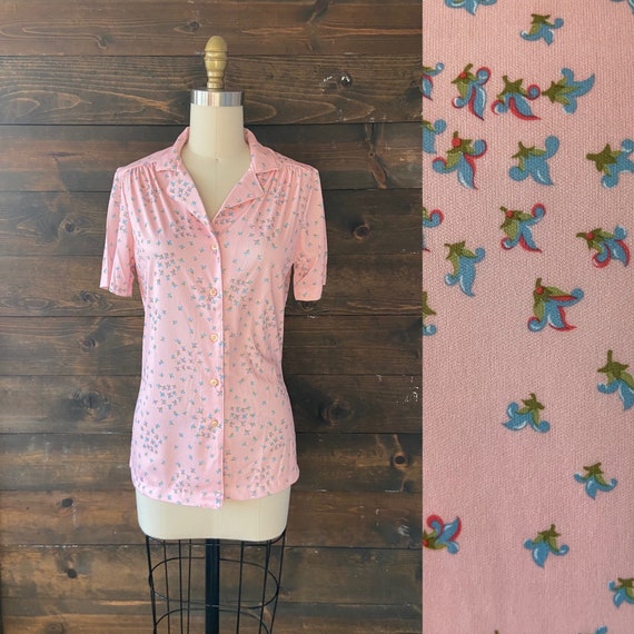 vintage 70’s floral poly top / pink button down s… - image 1