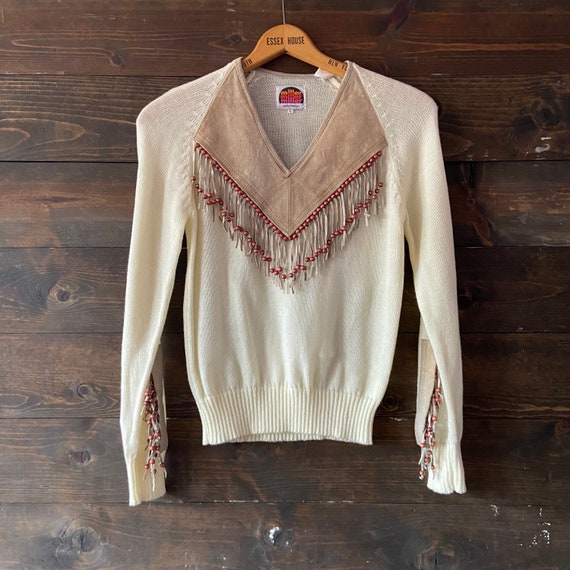 Vintage 80’s fringe western sweater / beaded sued… - image 8