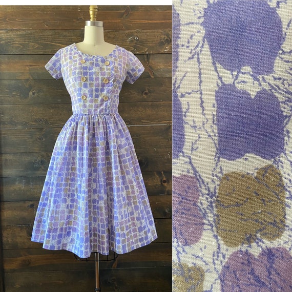 Vintage 50’s purple day dress / purple atomic prin