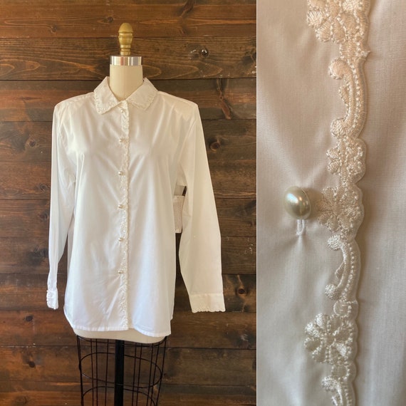 Blusa de botones blanca vintage de los 90 botones de perlas camisa de detalle bordado desgaste para trabajar blusa maysville Etsy Mexico