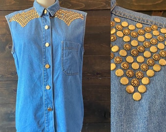 Vintage 90’s studded denim shirt / sleeveless button down jean shirt / gold bedazzled <<<Bianca denim shirt>>>