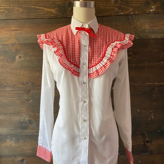 Vintage 70’s gingham western shirt / ruffle yoke … - image 2