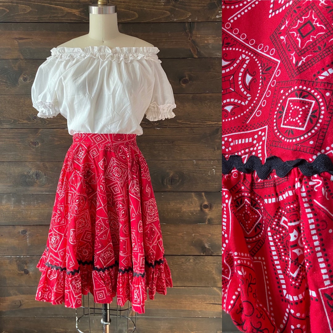 Vintage 70s Red Bandanna Outfit / Square Dance Set / Puff Sleeve Top