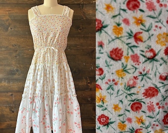 70’s vintage calico prairie dress / floral midi dress / sundress / cottagecore