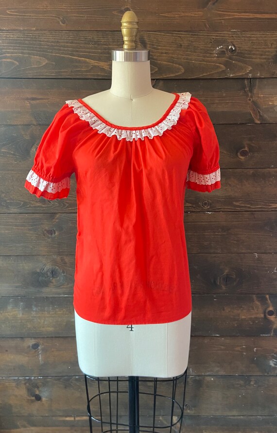 Vintage 70’s puff sleeve top / red square dance s… - image 2